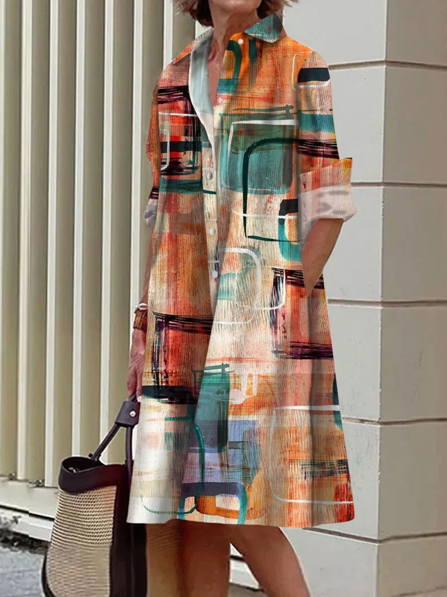 Art Graffiti Geometric Print Casual Loose Pocket Long Sleeve Shirt Dress