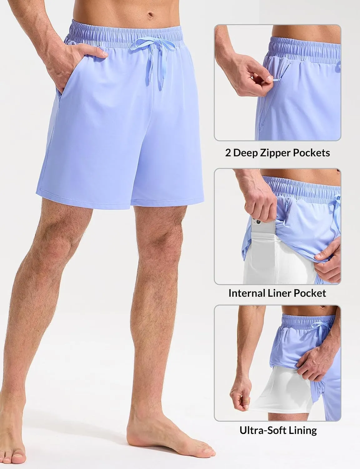 baleaf Mens Swim Trunks with Compression Liner 5 & 7 inch Quick Dry Bathing Suit Swim Shorts with Zippered Pockets