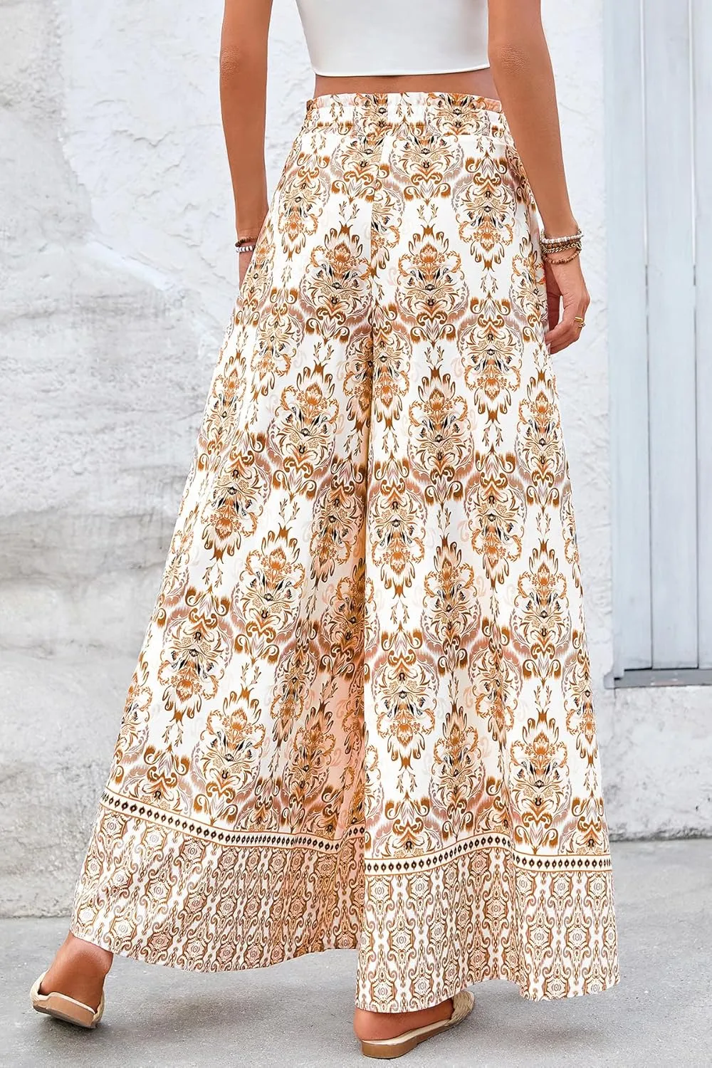 CFLONGE Women Wide Leg Pants Casual High Waist Floral Palazzo Pants for Women Flowy Trendy Lounge Boho Beach Trousers Pockets