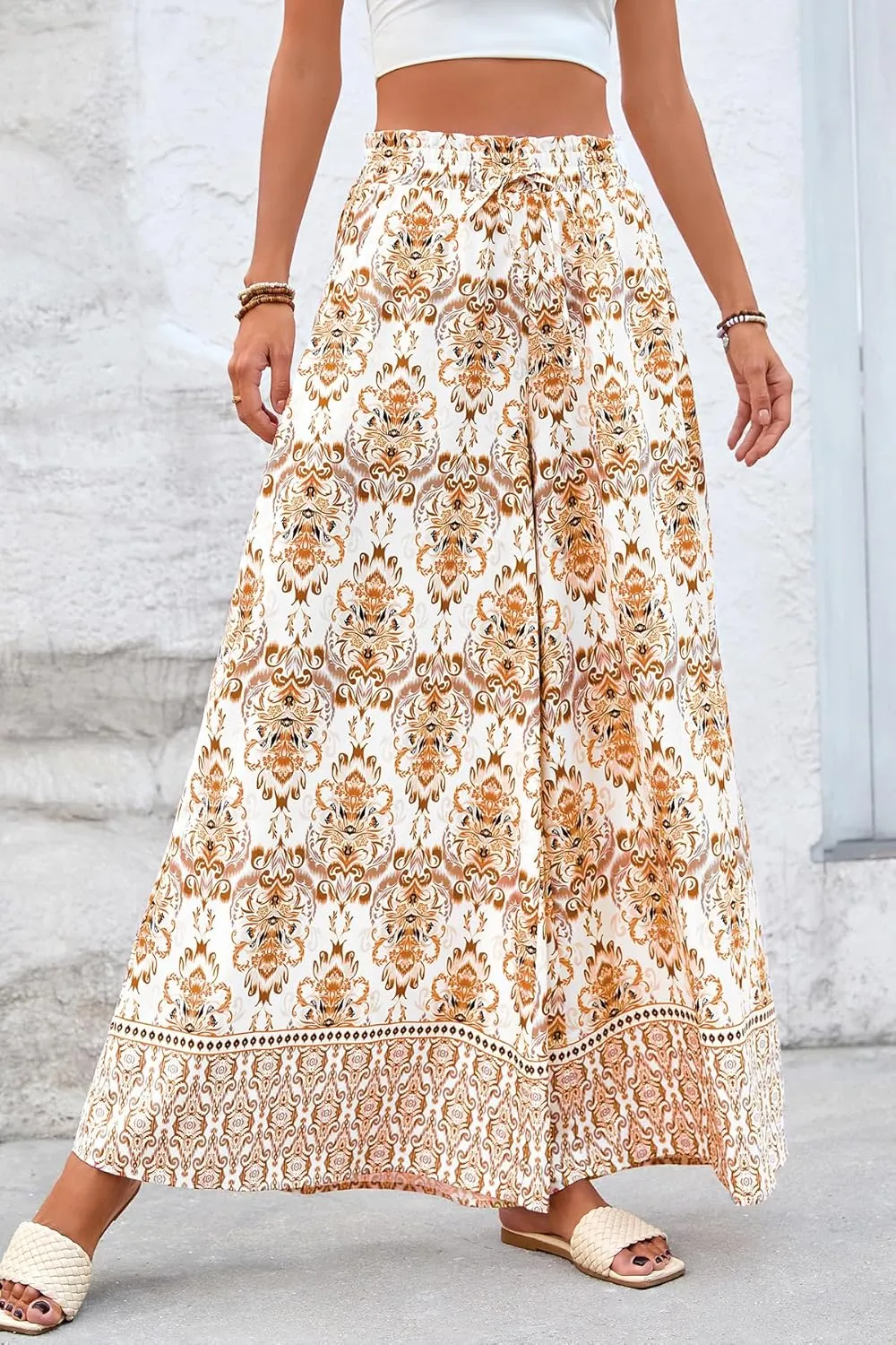 CFLONGE Women Wide Leg Pants Casual High Waist Floral Palazzo Pants for Women Flowy Trendy Lounge Boho Beach Trousers Pockets