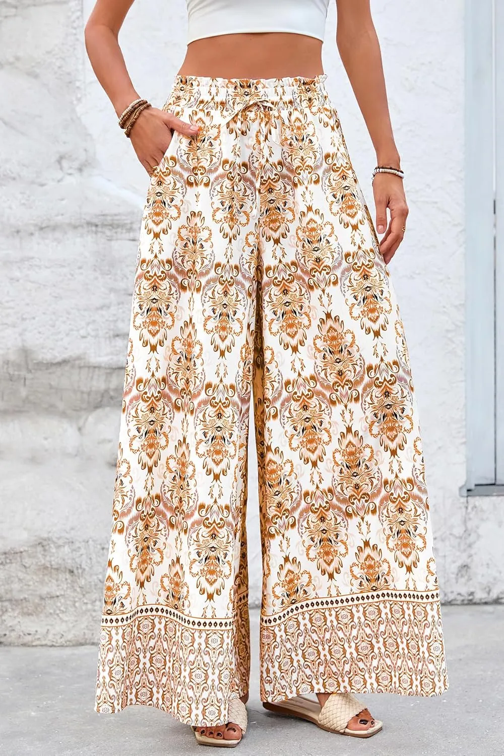 CFLONGE Women Wide Leg Pants Casual High Waist Floral Palazzo Pants for Women Flowy Trendy Lounge Boho Beach Trousers Pockets