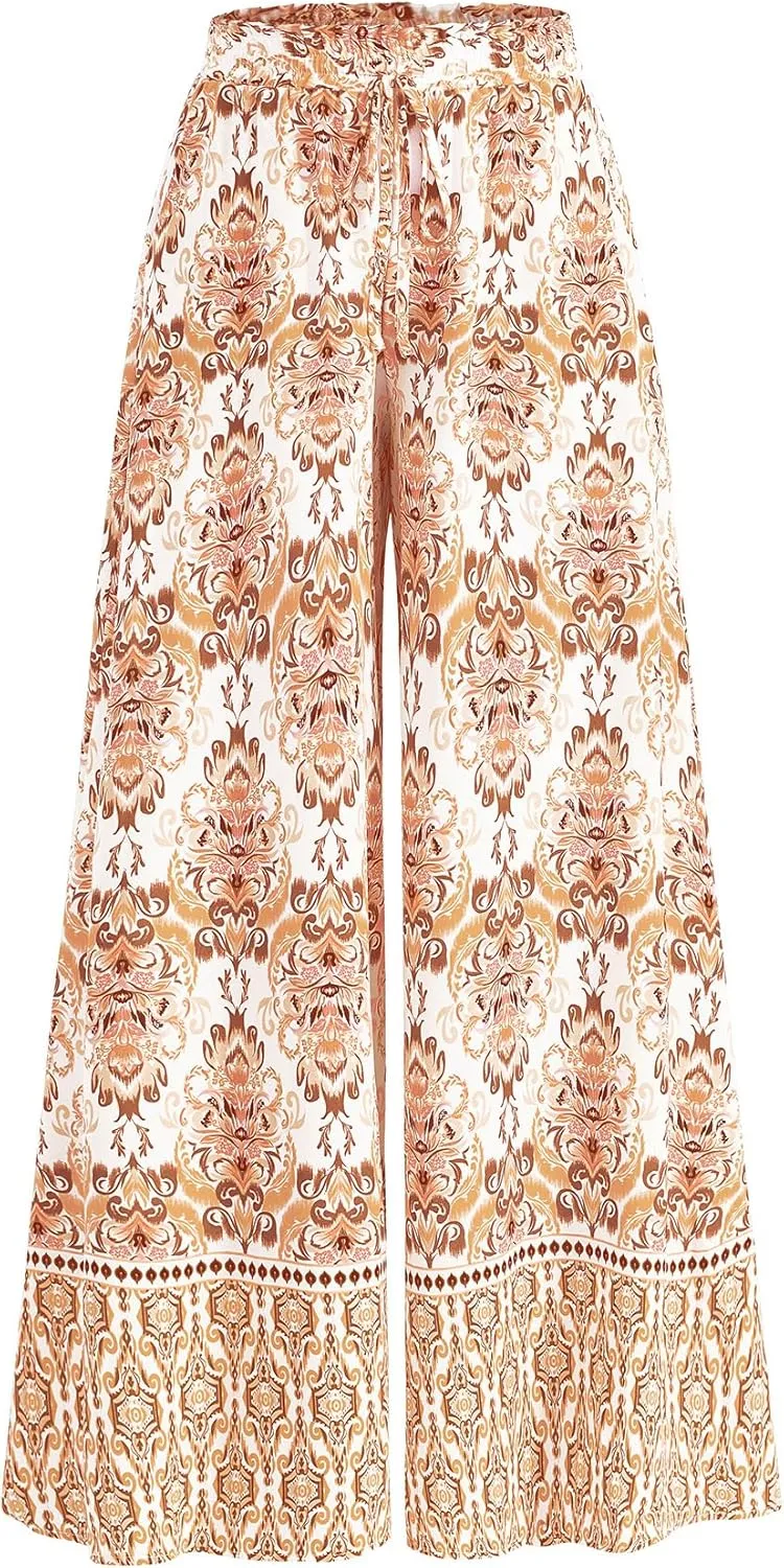 CFLONGE Women Wide Leg Pants Casual High Waist Floral Palazzo Pants for Women Flowy Trendy Lounge Boho Beach Trousers Pockets