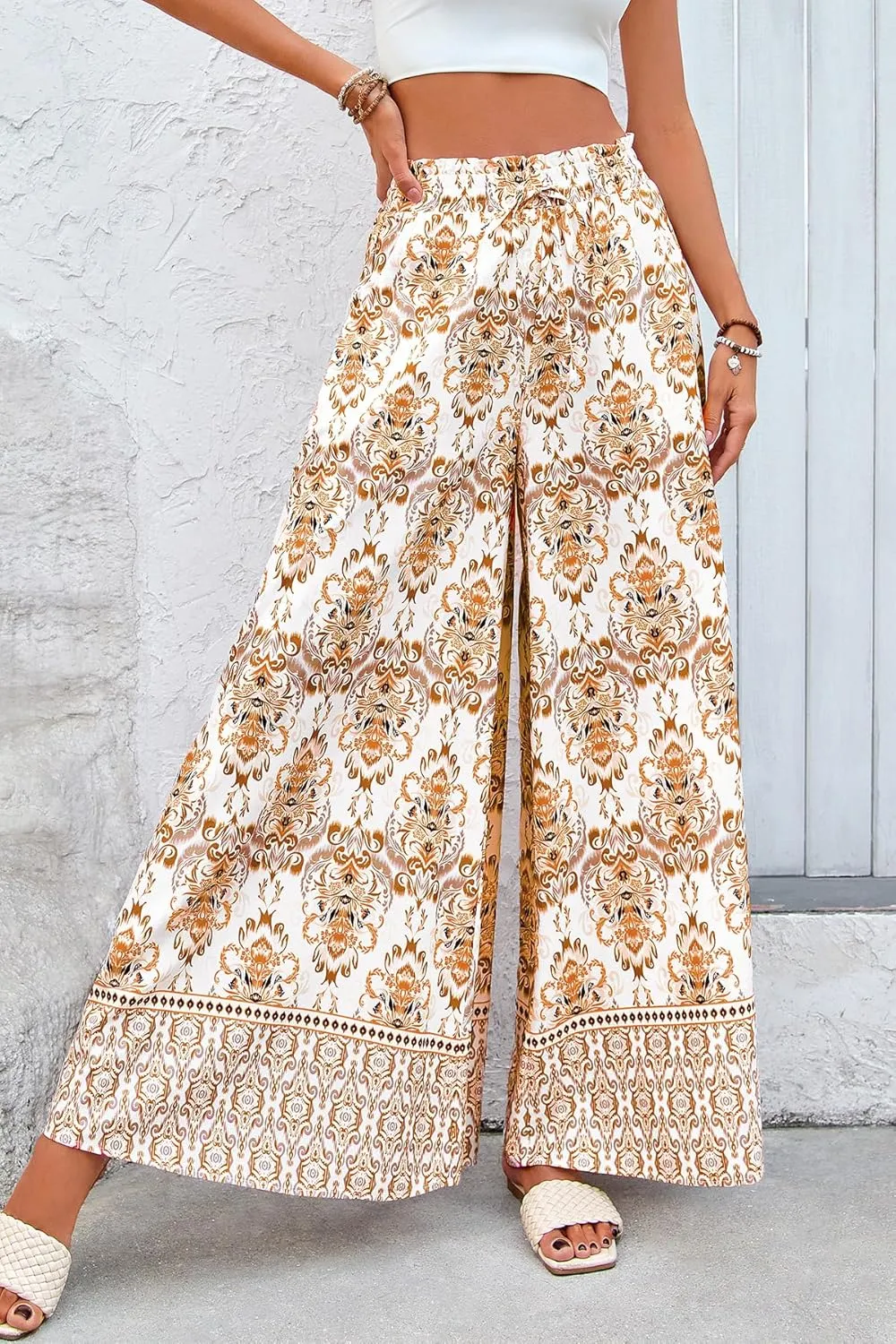 CFLONGE Women Wide Leg Pants Casual High Waist Floral Palazzo Pants for Women Flowy Trendy Lounge Boho Beach Trousers Pockets