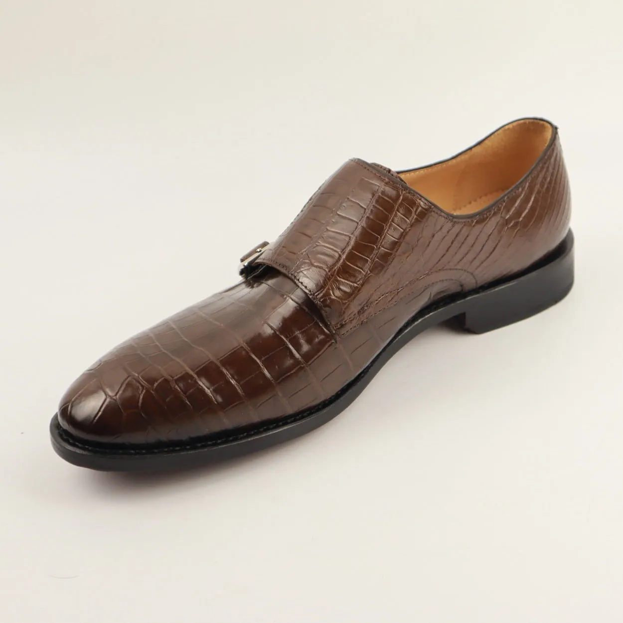 Crocodile Alligator Leather Double Monk Strap Dress Shoes Oxford Formal Business Shoes-Brown