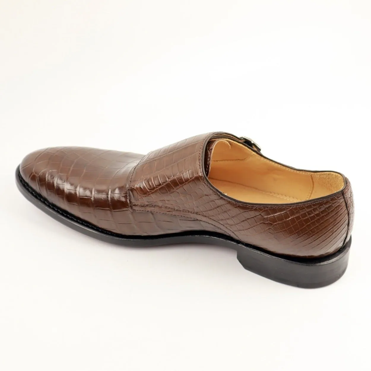 Crocodile Alligator Leather Double Monk Strap Dress Shoes Oxford Formal Business Shoes-Brown