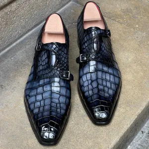 Crocodile Pattern Monk Shoes With Double Buckle