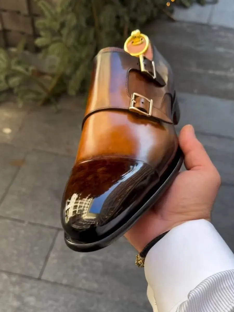 Genuine Leather Double Buckle Monk Shoes