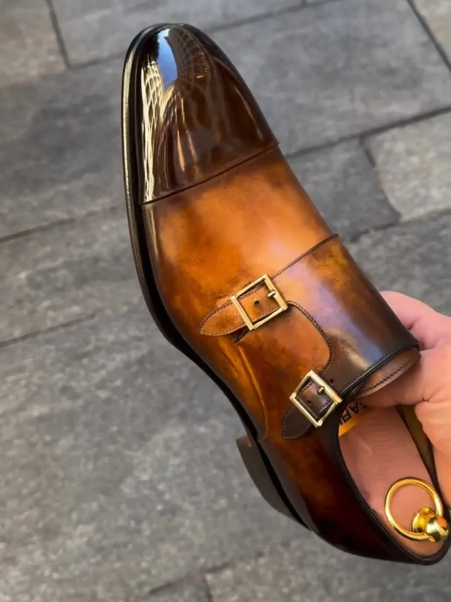 Genuine Leather Double Buckle Monk Shoes