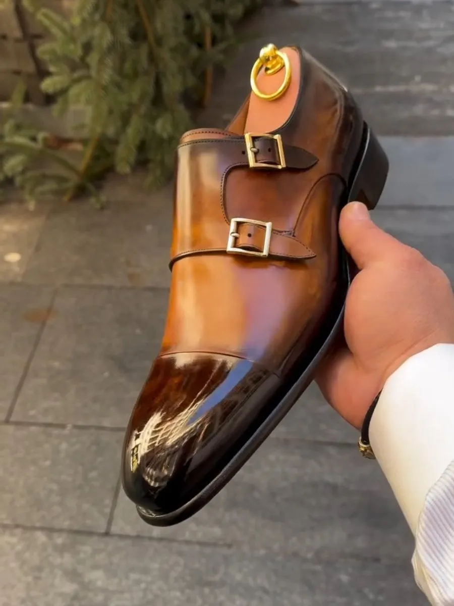 Genuine Leather Double Buckle Monk Shoes