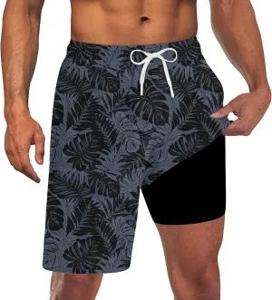 Goodstoworld Men's Funny Swim Trunks with Compression Liner 2 in 1 Quick-Dry 9" Stretch Shorts with Three Pockets