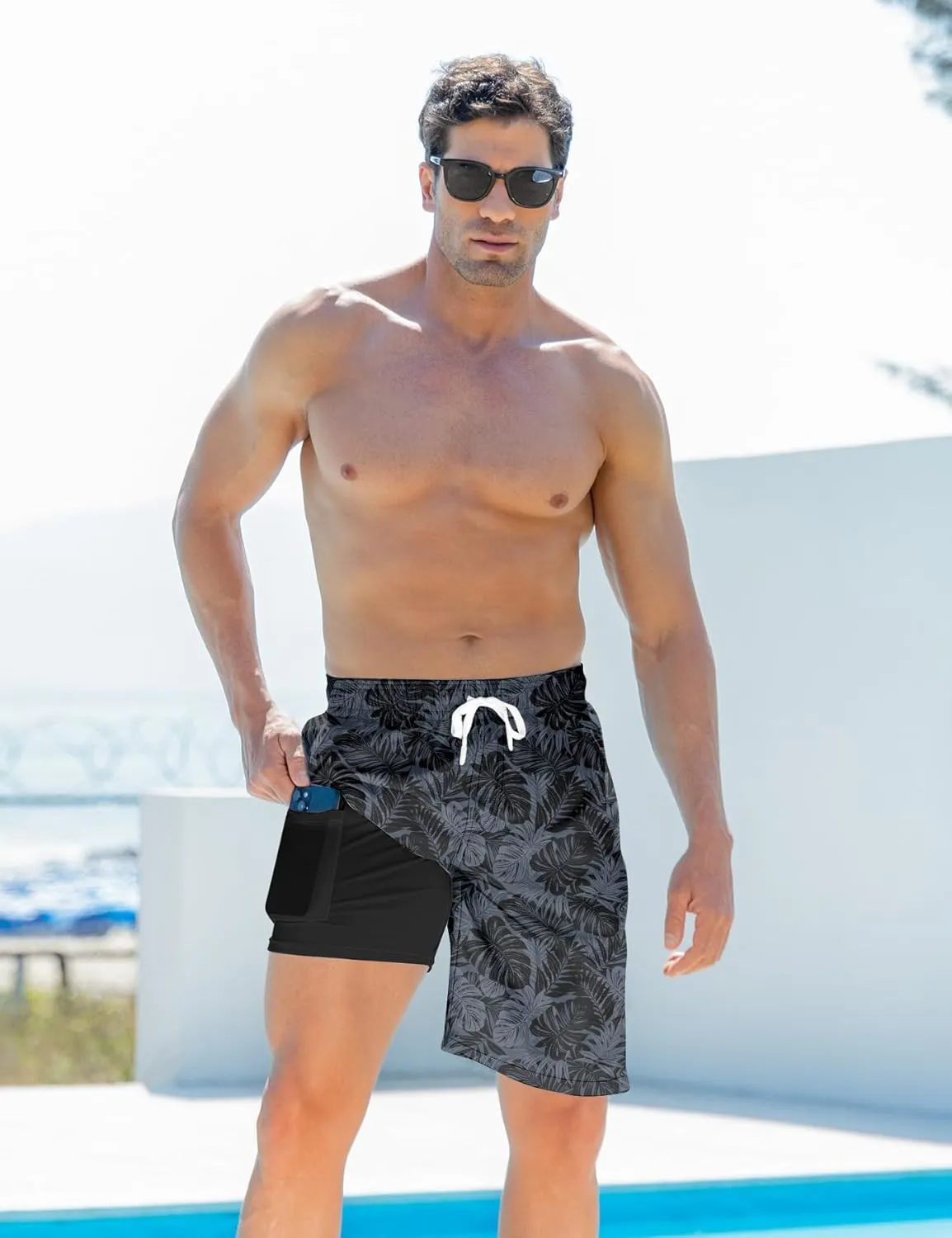 Goodstoworld Men's Funny Swim Trunks with Compression Liner 2 in 1 Quick-Dry 9" Stretch Shorts with Three Pockets