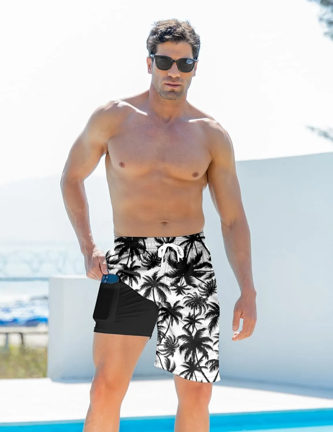 Goodstoworld Men's Funny Swim Trunks with Compression Liner 2 in 1 Quick-Dry 9" Stretch Shorts with Three Pockets