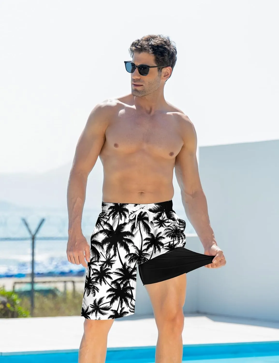 Goodstoworld Men's Funny Swim Trunks with Compression Liner 2 in 1 Quick-Dry 9" Stretch Shorts with Three Pockets