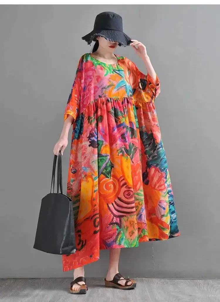 Graffiti Duck Printed Linen Maxi Dress with half sleeves