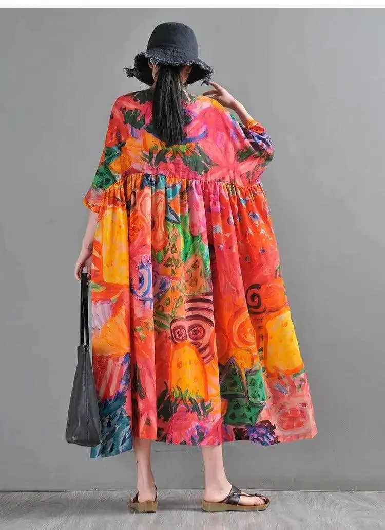 Graffiti Duck Printed Linen Maxi Dress with half sleeves