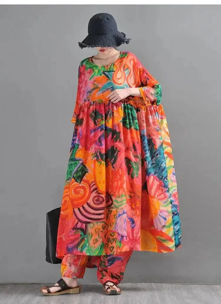 Graffiti Duck Printed Linen Maxi Dress with half sleeves