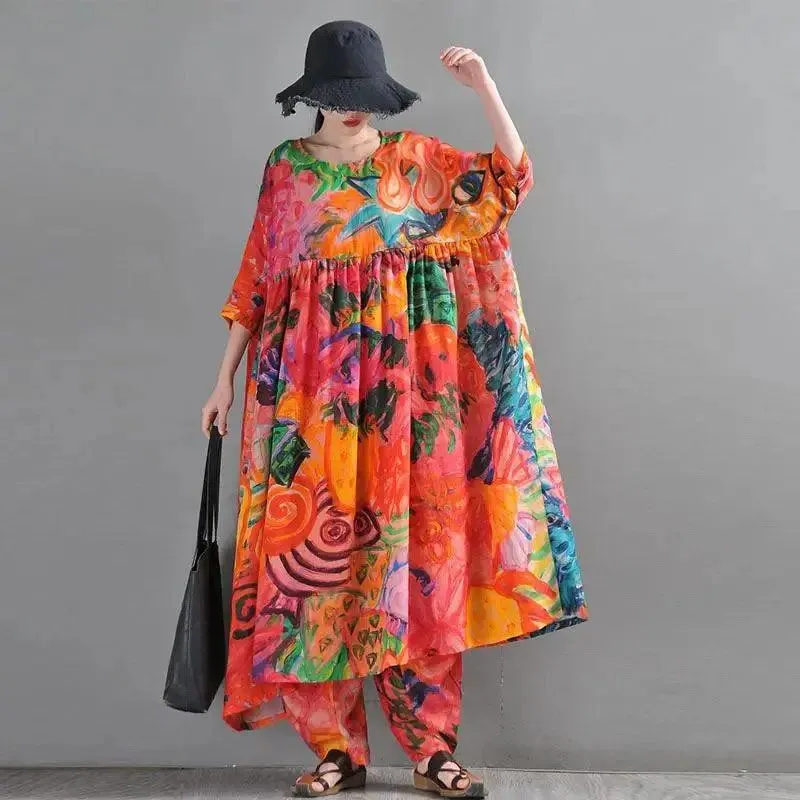 Graffiti Duck Printed Linen Maxi Dress with half sleeves