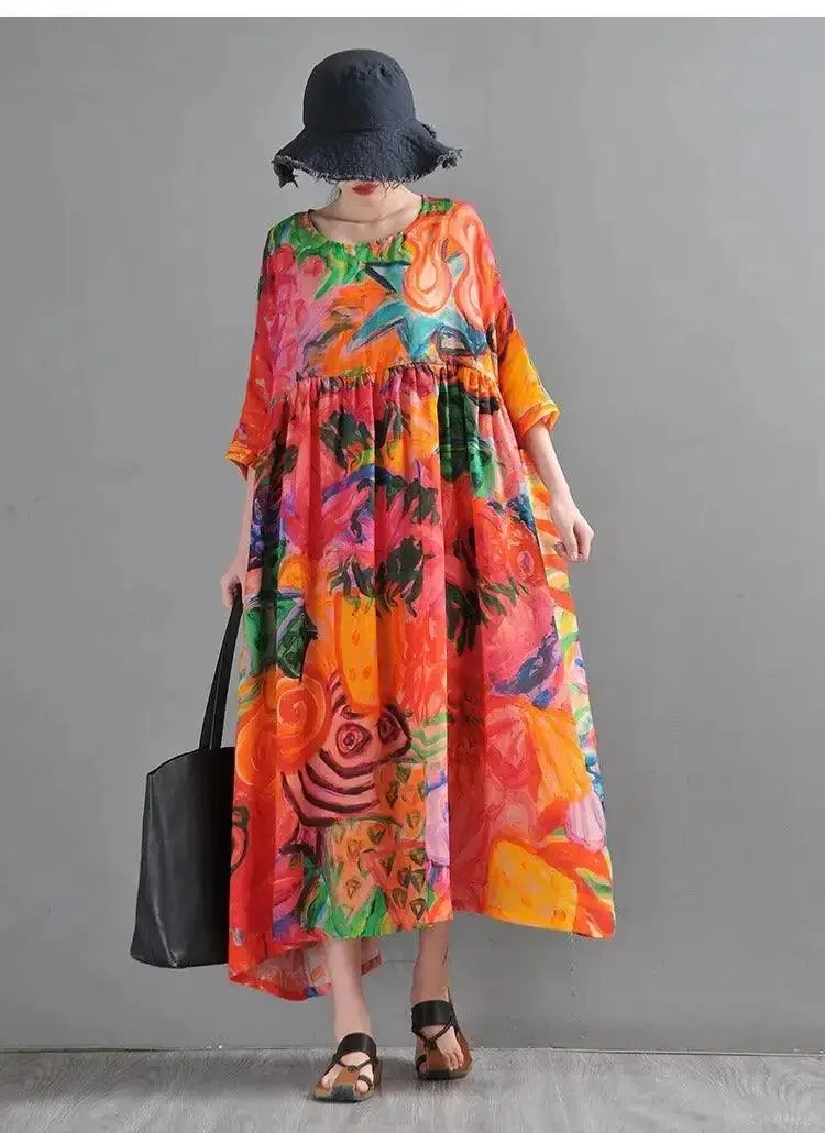 Graffiti Duck Printed Linen Maxi Dress with half sleeves