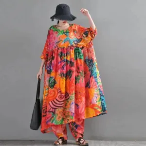 Graffiti Duck Printed Linen Maxi Dress with half sleeves