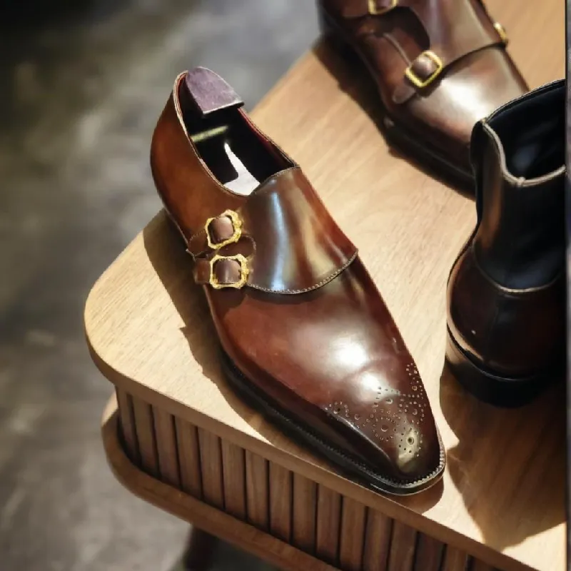 Handmade Classic Brown Double Monk With Monks