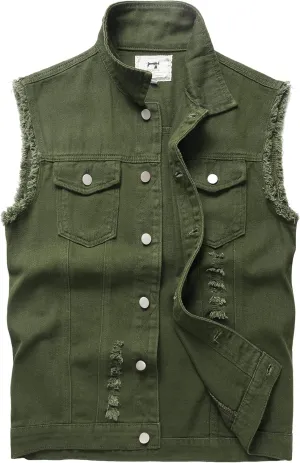 Men's Denim Vest,Sleeveless Jacket Slim Fit Vintage Casual Ripped Summer Jean Vest for Men