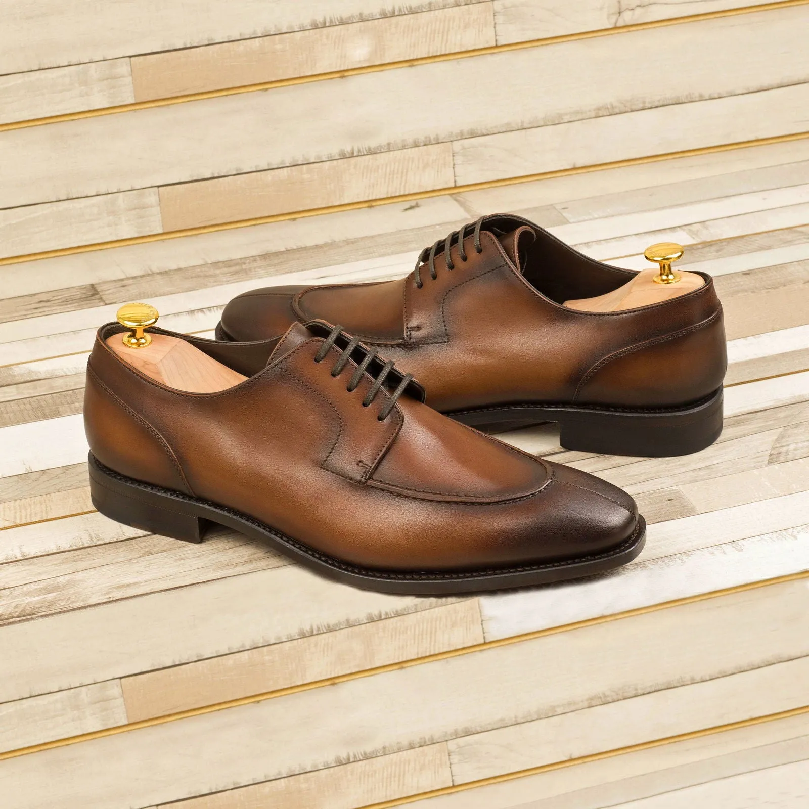 Men's Derby Split Toe Leather Shoes Goodyear Welt Wide Plus Size Brown 4307