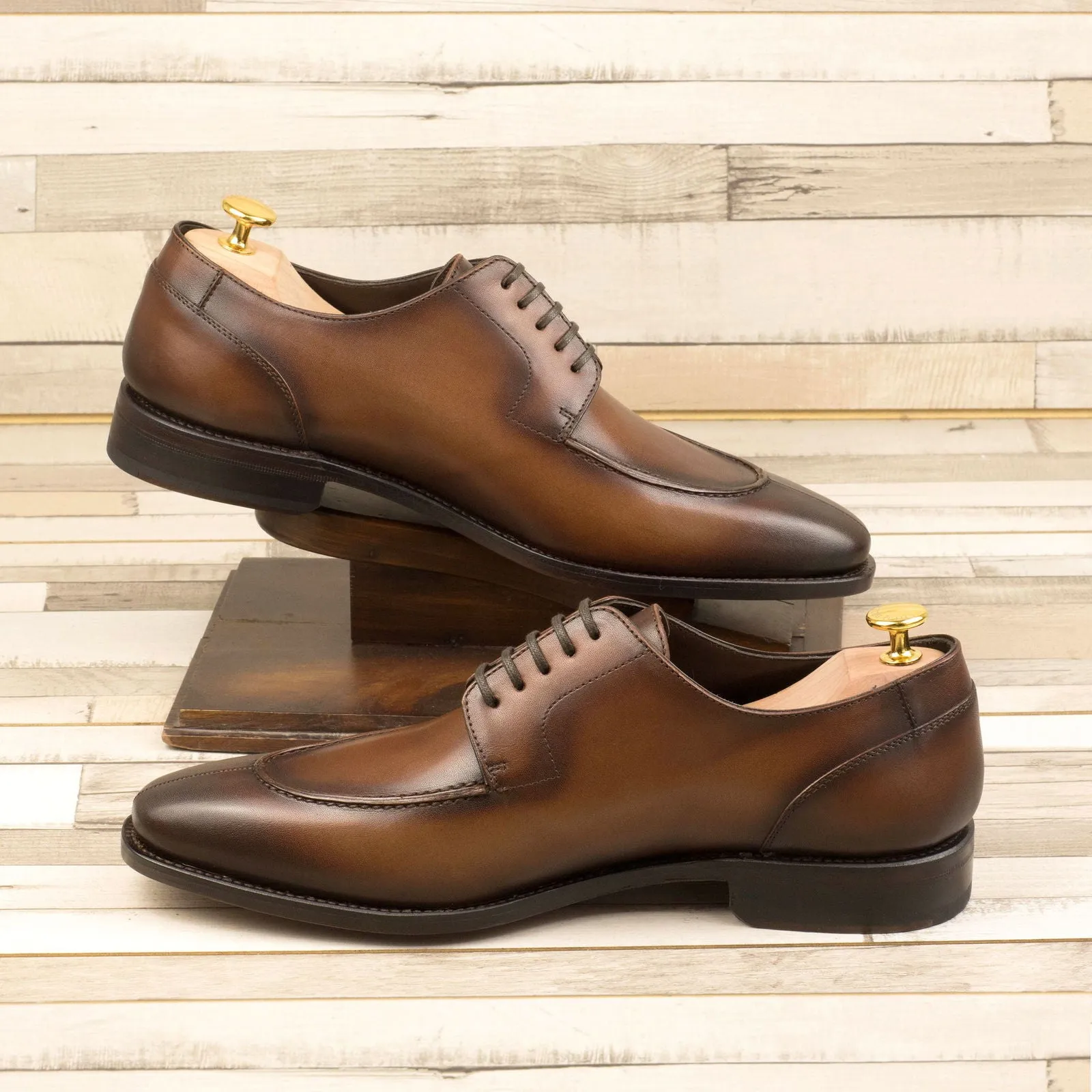 Men's Derby Split Toe Leather Shoes Goodyear Welt Wide Plus Size Brown 4307