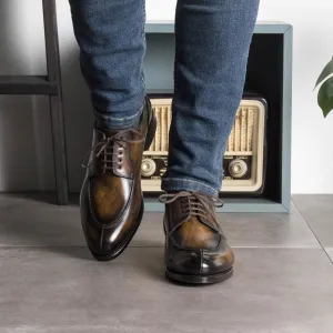Men's Derby Split Toe Shoes Patina Leather Goodyear Welt Wide Plus Size Brown 5705