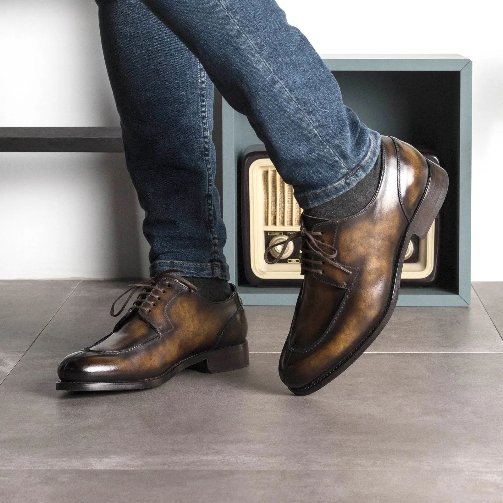 Men's Derby Split Toe Shoes Patina Leather Goodyear Welt Wide Plus Size Brown 5705