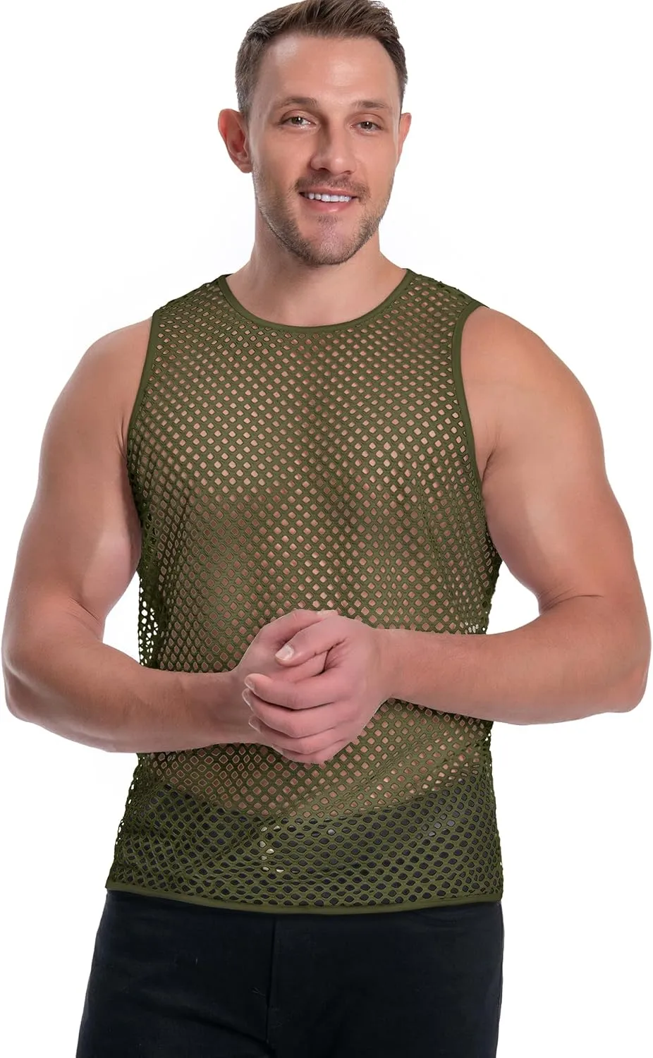 Men's Mesh Fishnet Muscle Top See Through Shirts Fitted Crew Neck Tee Clubwear