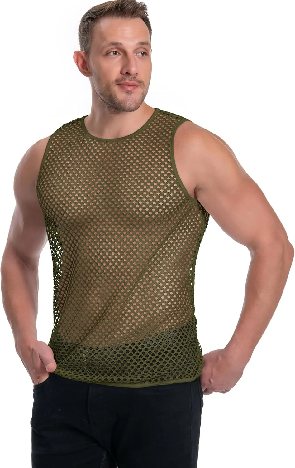 Men's Mesh Fishnet Muscle Top See Through Shirts Fitted Crew Neck Tee Clubwear