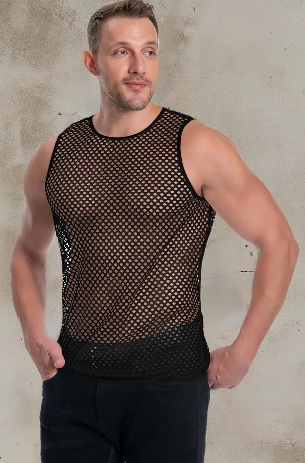 Men's Mesh Fishnet Muscle Top See Through Shirts Fitted Crew Neck Tee Clubwear