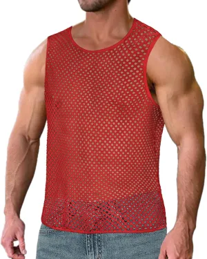 Men's Mesh Fishnet Muscle Top See Through Shirts Fitted Crew Neck Tee Clubwear