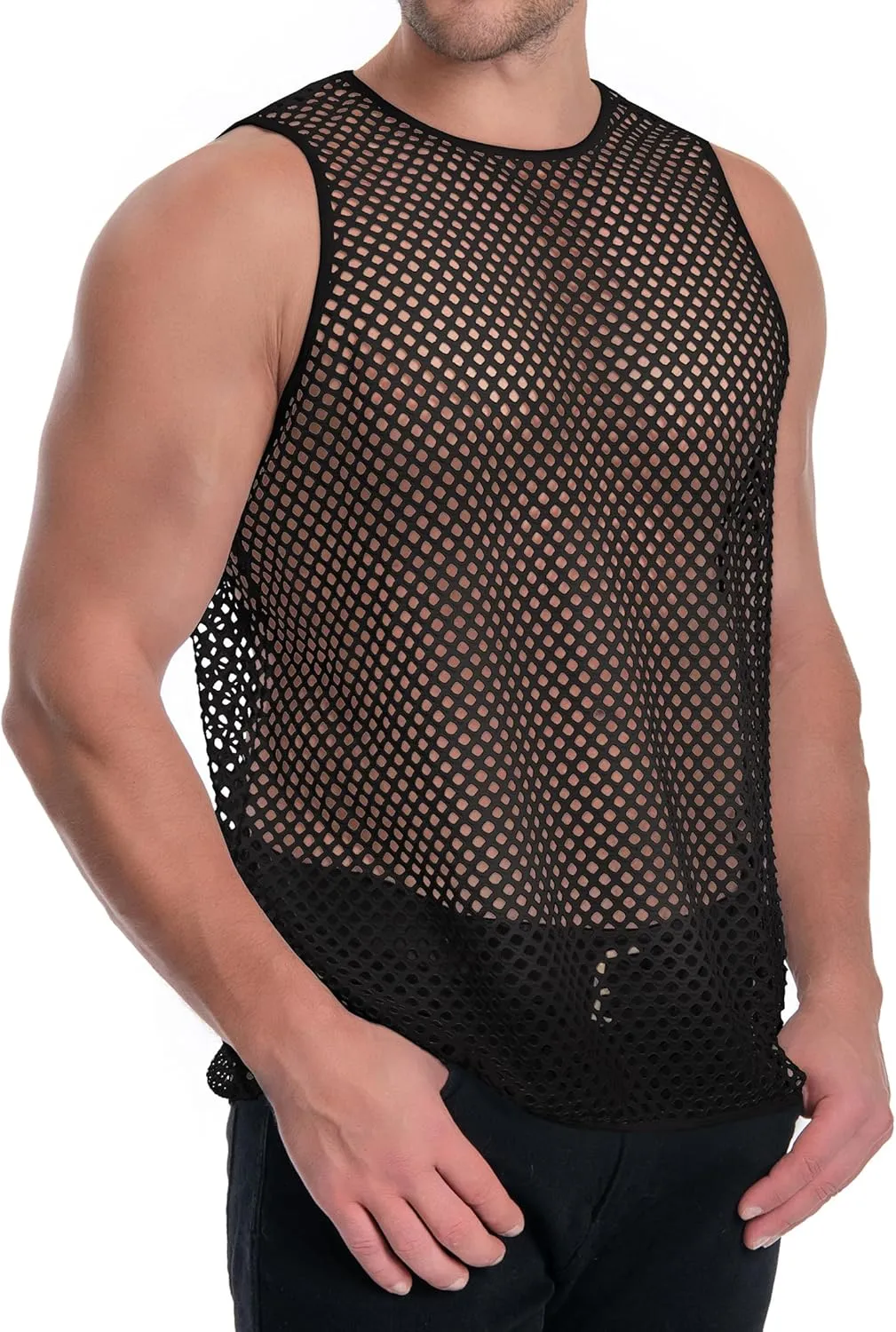 Men's Mesh Fishnet Muscle Top See Through Shirts Fitted Crew Neck Tee Clubwear
