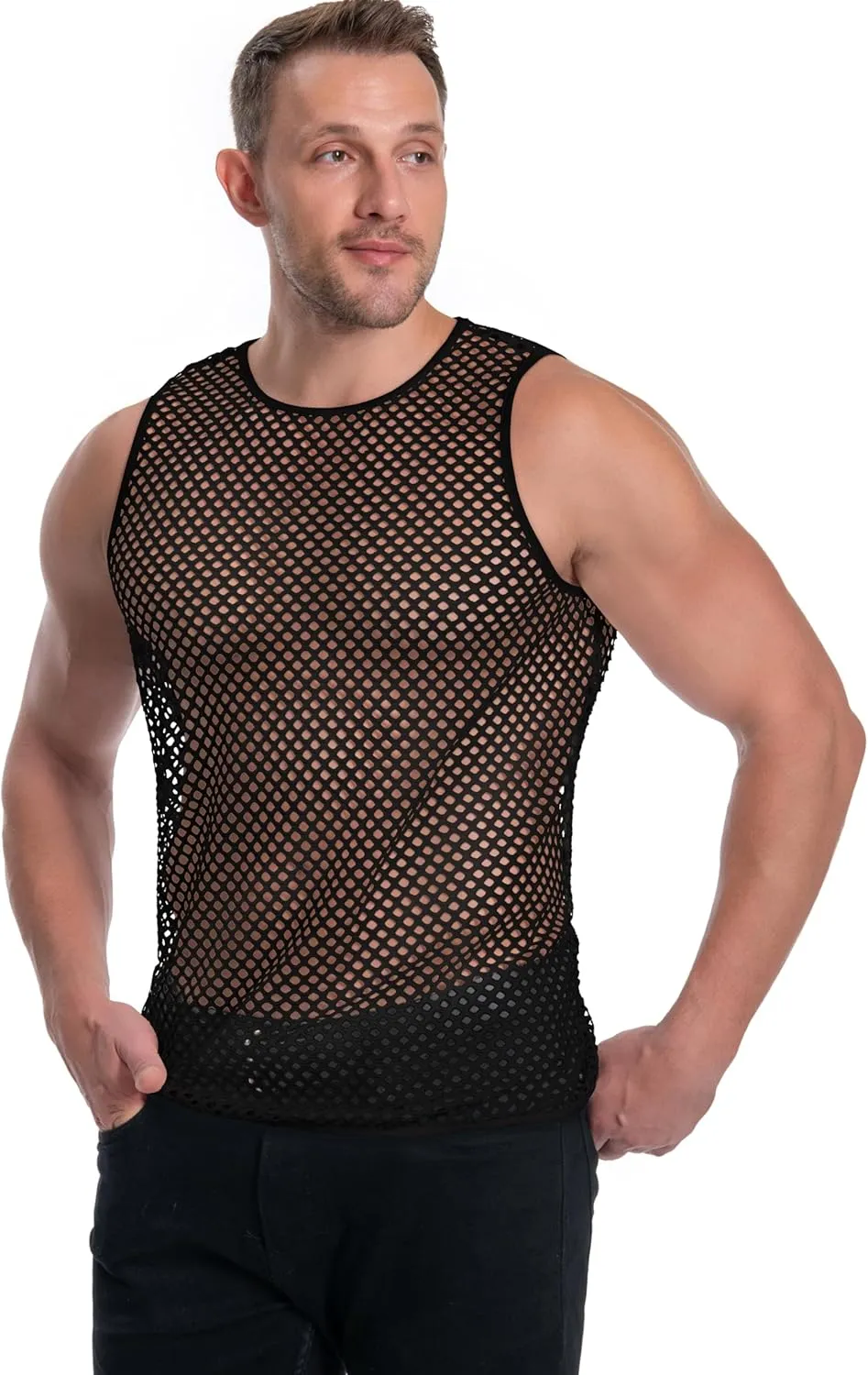 Men's Mesh Fishnet Muscle Top See Through Shirts Fitted Crew Neck Tee Clubwear