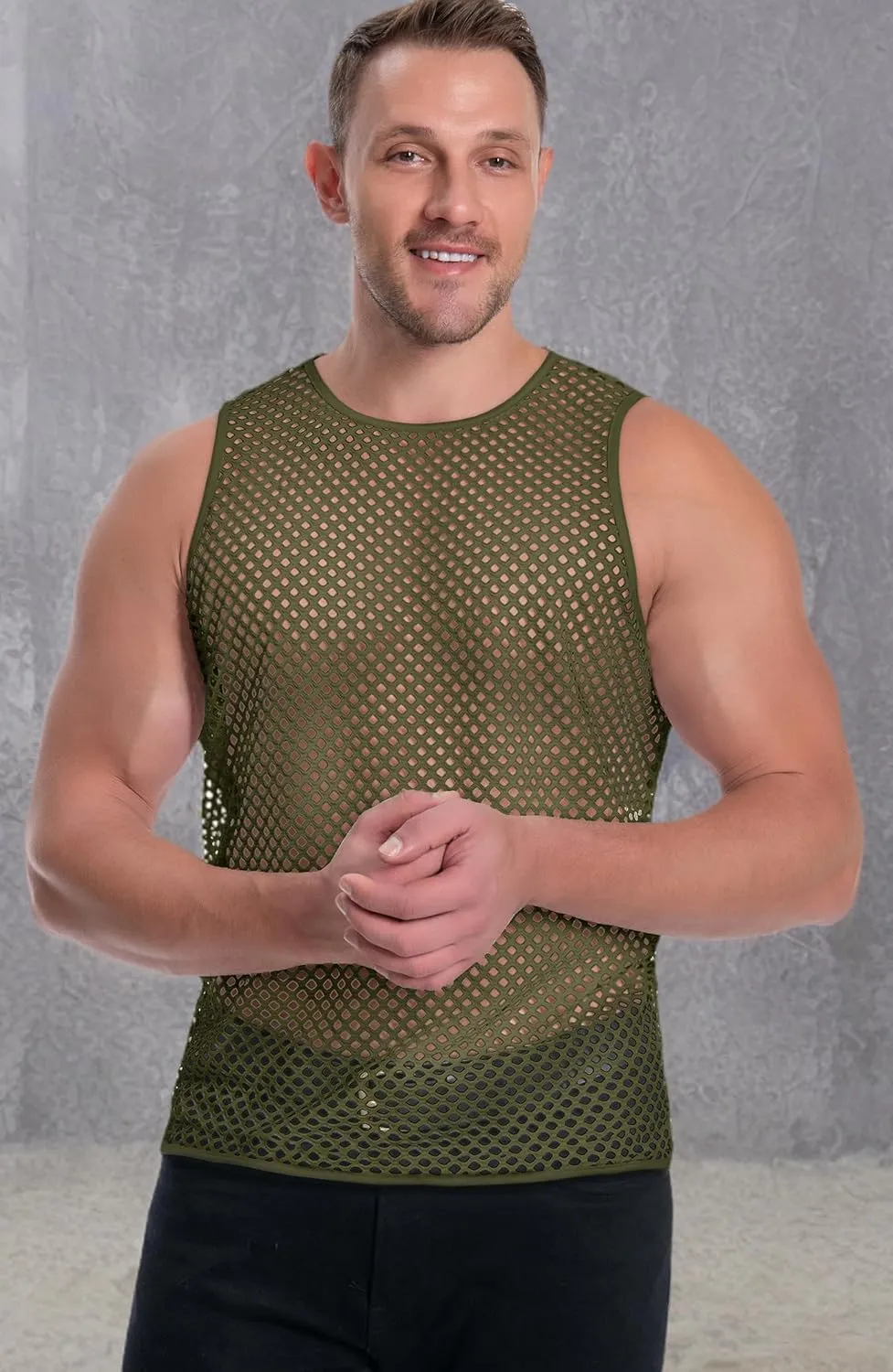 Men's Mesh Fishnet Muscle Top See Through Shirts Fitted Crew Neck Tee Clubwear