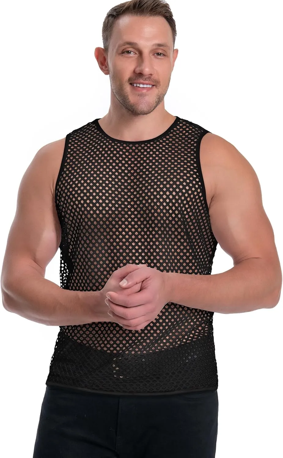Men's Mesh Fishnet Muscle Top See Through Shirts Fitted Crew Neck Tee Clubwear