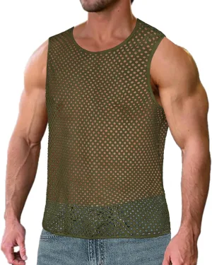 Men's Mesh Fishnet Muscle Top See Through Shirts Fitted Crew Neck Tee Clubwear