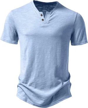 Men's Stretchy Short Sleeve Henley T-Shirt Casual Cotton 2 Buttons Notch Neck Tee Shirts
