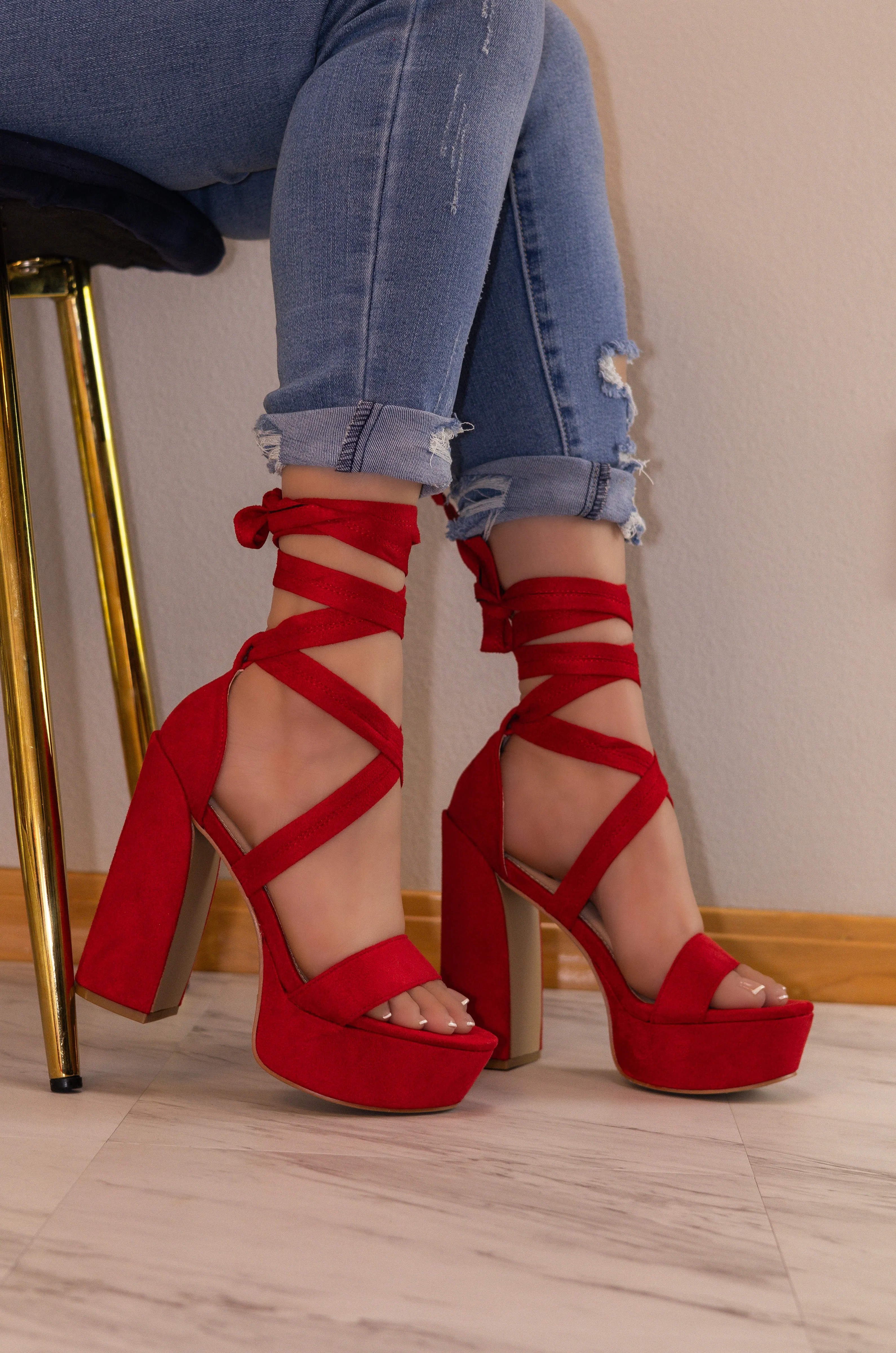 Portland - Lace Up Platform Block Heels, Premium Suede Material, Lightly Padded Insole, Stylish & Comfortable Footwear for Evening Events