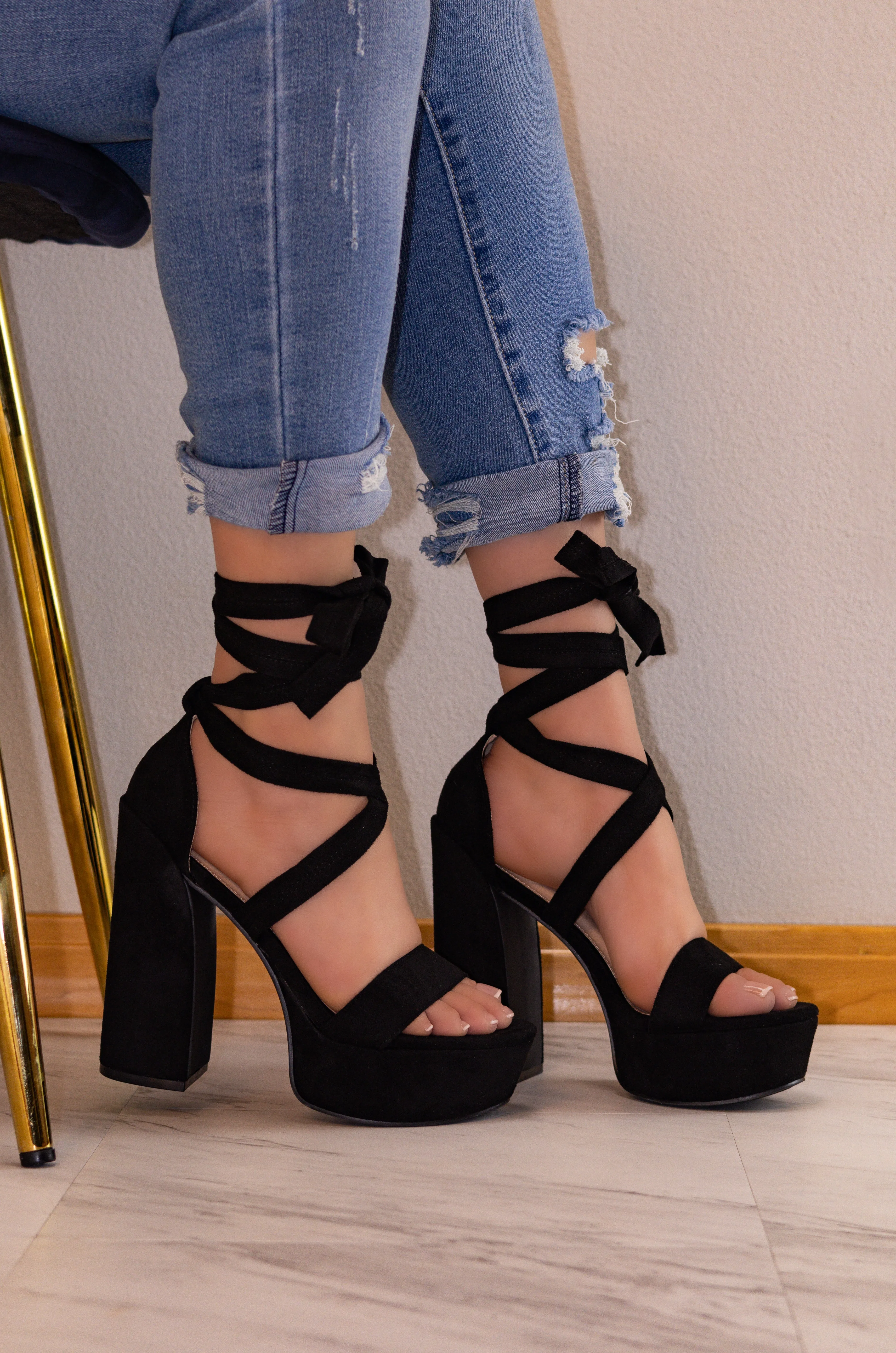 Portland - Lace Up Platform Block Heels, Premium Suede Material, Lightly Padded Insole, Stylish & Comfortable Footwear for Evening Events