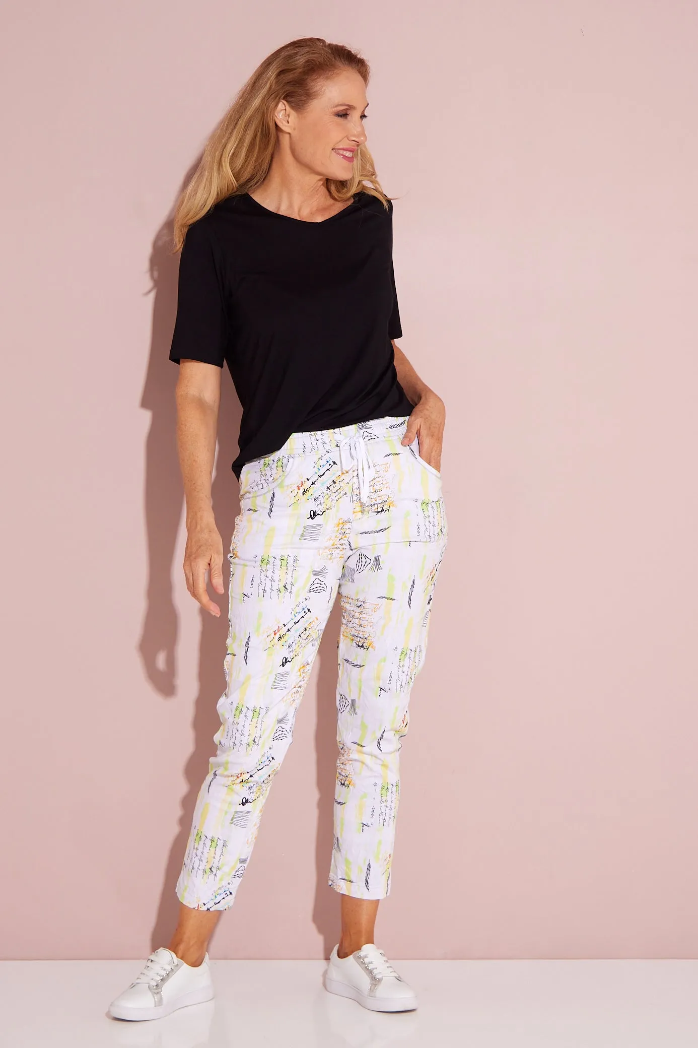 Printed Crushed Drawstring Pants - Neon Graffiti