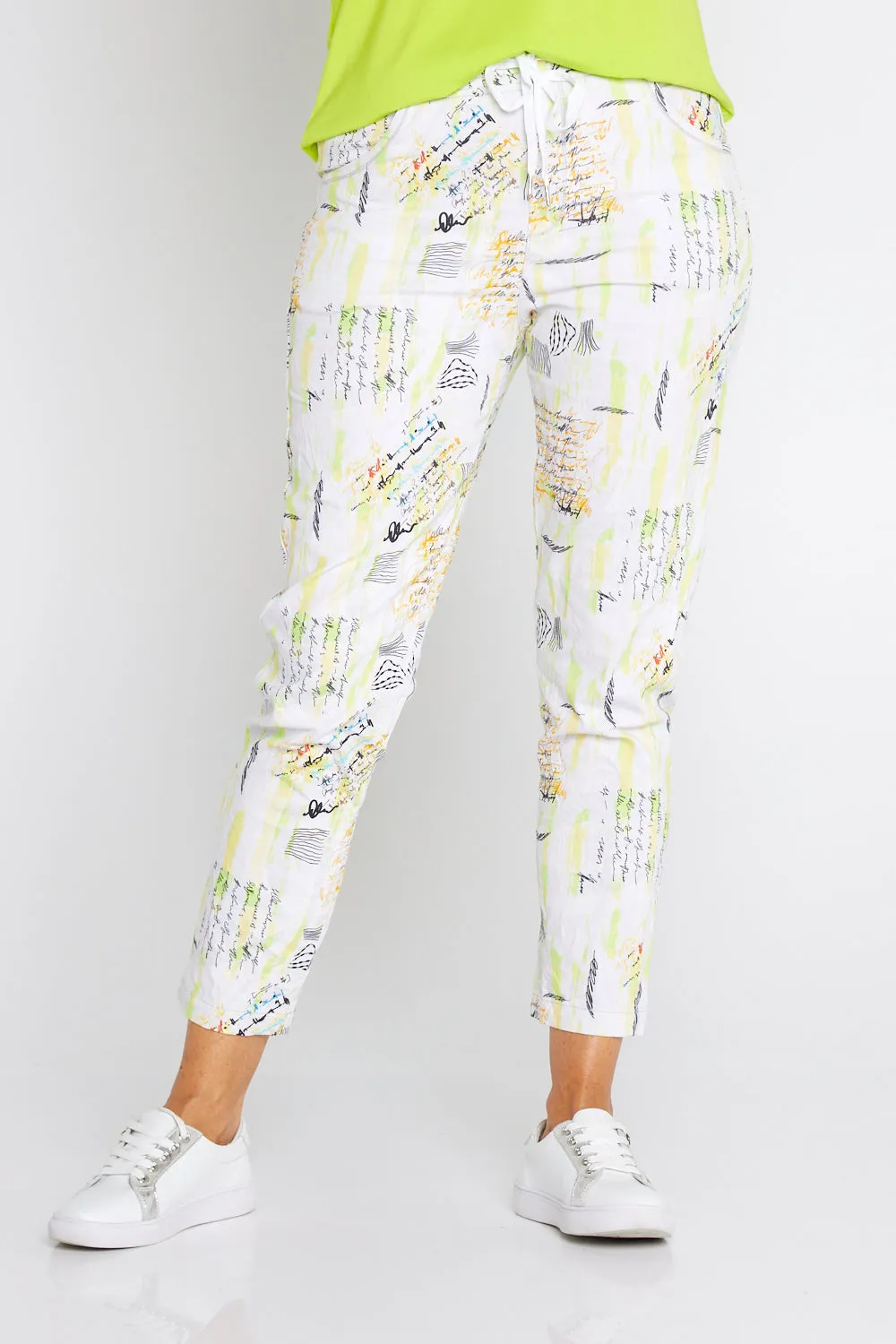 Printed Crushed Drawstring Pants - Neon Graffiti