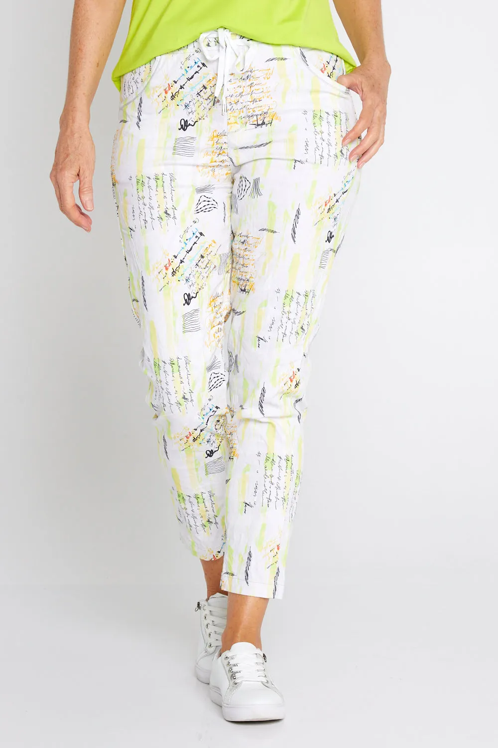 Printed Crushed Drawstring Pants - Neon Graffiti
