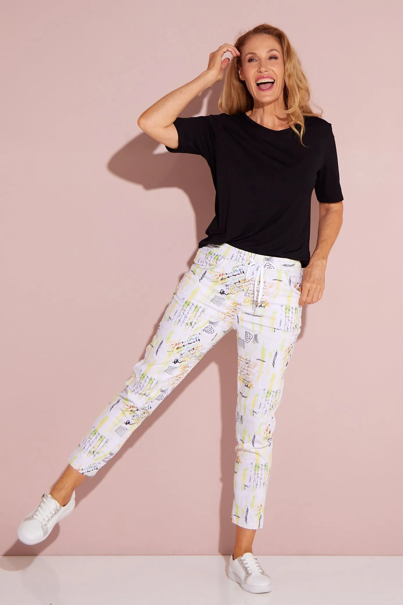 Printed Crushed Drawstring Pants - Neon Graffiti