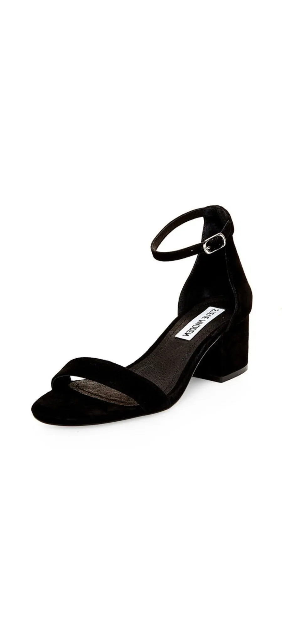 Steve Madden Irenee Black Suede Two Piece Open Toe Ankle Strap Block Heel Sandal