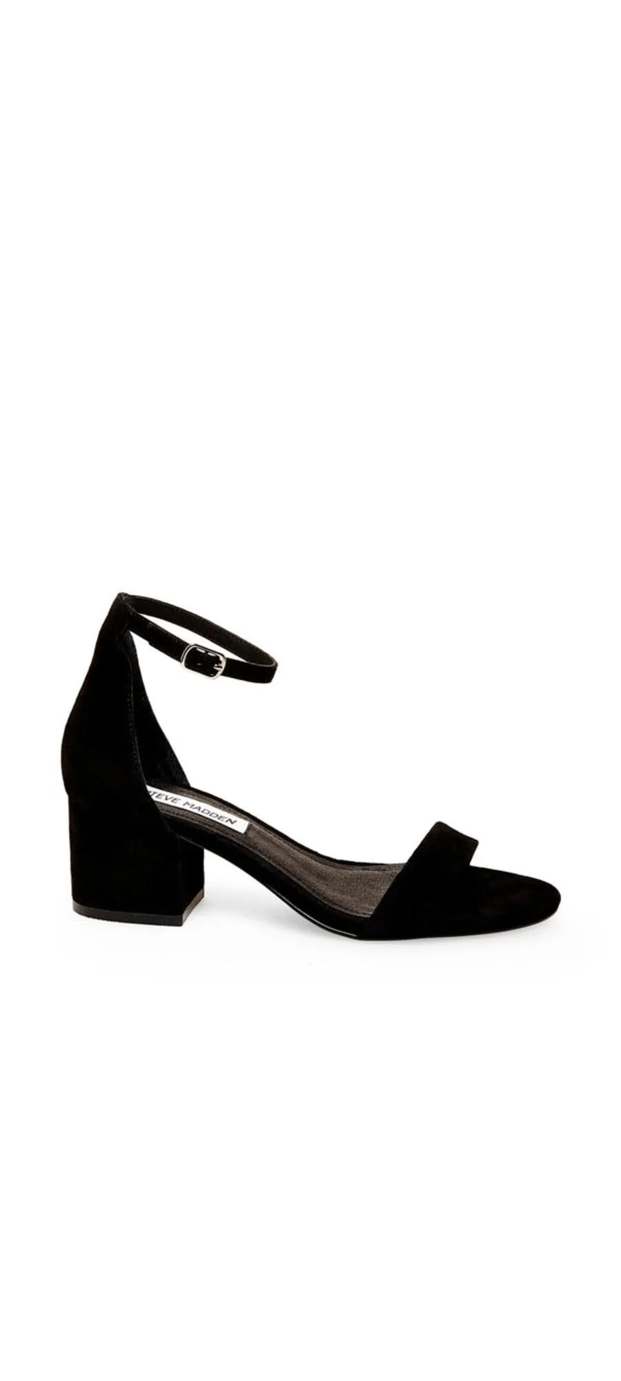 Steve Madden Irenee Black Suede Two Piece Open Toe Ankle Strap Block Heel Sandal