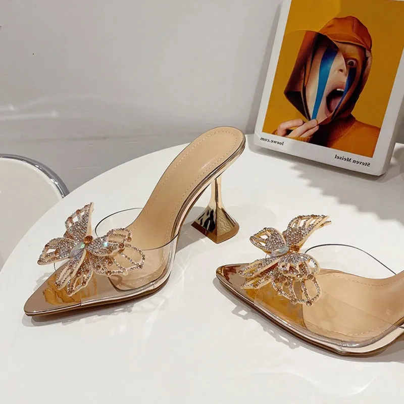 Transparent Crystal Bowknot Pointed Toe High Heels Sandals
