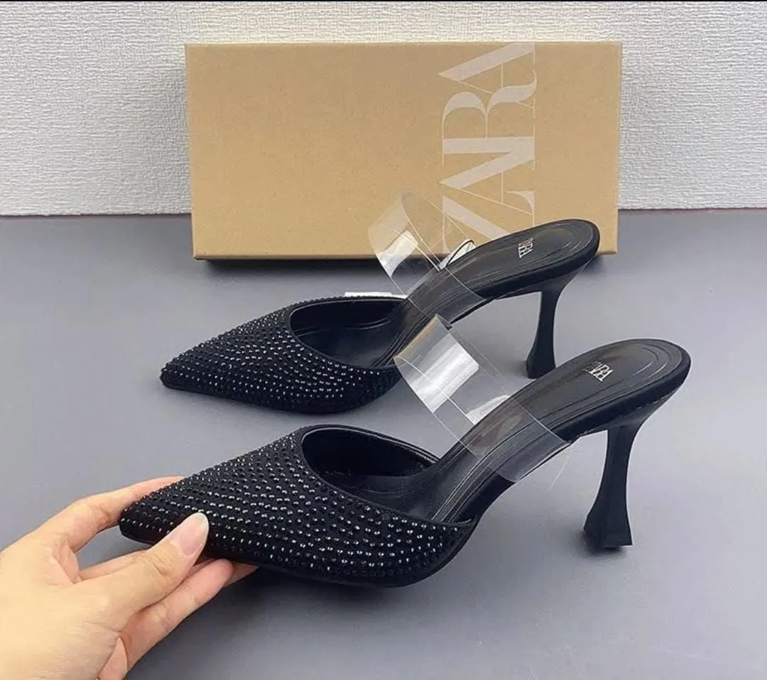 ZARA TRANSPARENT STRAP STONE HEEL - BLACK